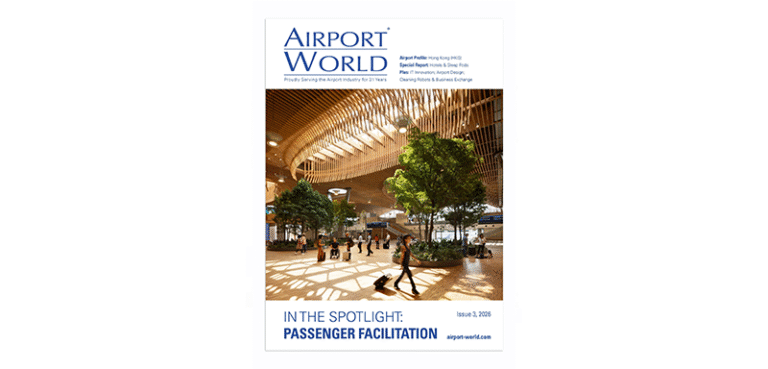Airport World Issue 3, 2026 cover, featuring a timber-lined airport terminal